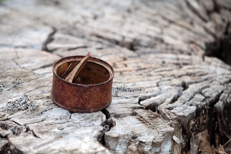 detail of an old tin can on a treeの写真素材