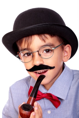 portrait of a boy with a hat, pipe and mustacheの写真素材