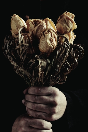 dirty and old hands taking a bouquet of dried rosesの写真素材