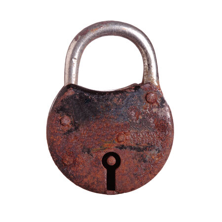 old and rustic padlock Isolated on whiteの写真素材
