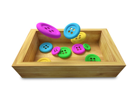 design in 3d of some sewing buttons falling on a wooden box