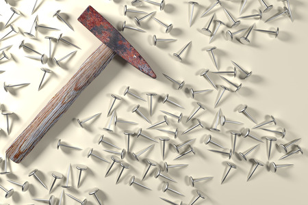 3d rendering of a hammer with a lot of nailsの写真素材