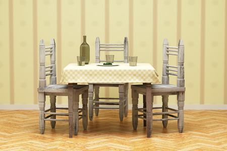 3d rendering of a rustic table and chairs with some water and olives