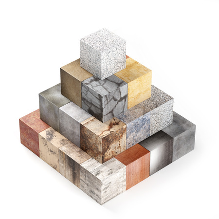 3d rendering of a lot of textured stones cubes in a pyramidの写真素材