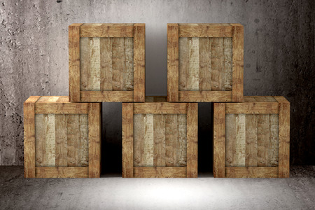3d rendering of a pile of an old boxes on a warehouseの写真素材