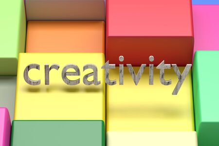 3d rendering of creative word on a colored cubes backgroundの写真素材