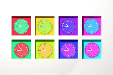 3d rendering of a composition with a lot of colored clocks