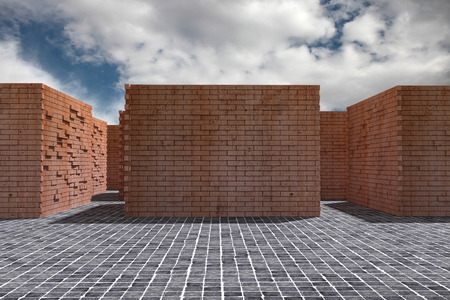 3d rendering of an old and dirty brick walls under a blue skyの写真素材