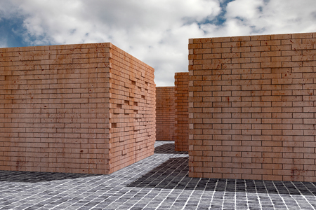 3d rendering of an old and dirty brick walls under a blue skyの写真素材