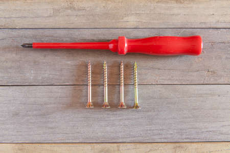 screwdriver and a lot of screws on a piece of woodの写真素材