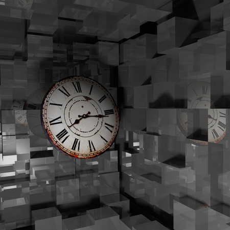 3d rendering of an abstract composition of an old clock on a cubes wallの写真素材