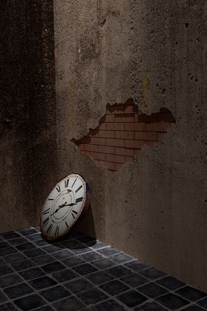 3d rendering of an old clock on a dirty and old wall