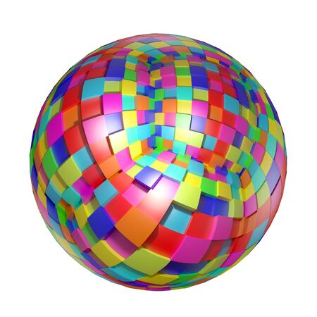 3d rendering of an sphere with a colored cubes reflectionの写真素材