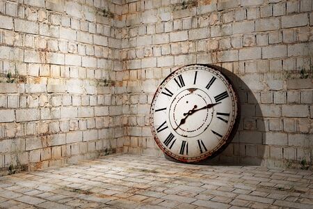 3d rendering of an old clock on a dirty and old wall