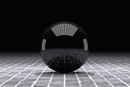3d rendering of a black ball with great reflection on a tiles floorの写真素材