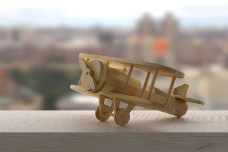 3d rendering of a wooden airplane on a windowの写真素材