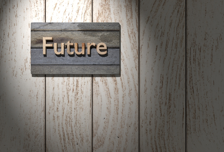 3d rendering of future word on a wooden surfaceの写真素材