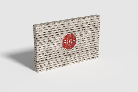 3d rendering of a stop traffic sign on brick three-dimensional wall.の写真素材