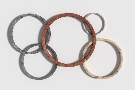 3d rendering of five rusty circles on white background. From above.Illustrationの写真素材