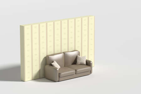 3d rendering of al sofa with pillows against of wall decorated with wall-paper