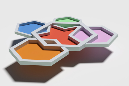 3d rendering of five colorful three-dimensional hexagons from above casting shadow   on white background.の写真素材