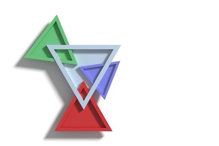 3D rendering of four colorful three-dimensional triangles crossing each other and casting shadow on...