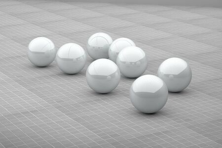 3d rendering of several white futuristic balls on ceramic floor.の写真素材