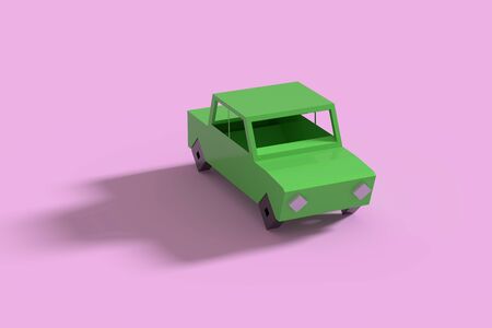 3d rendering in low poly of green car casting shadow on violet background.の写真素材