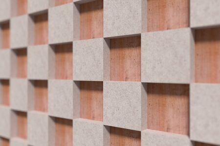 3d rendering illustration of beige stone cubes on brown wooden surface.