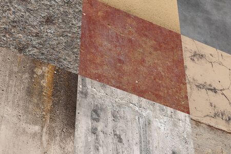 3d rendering of side view on wall made of different square elements. Close-up