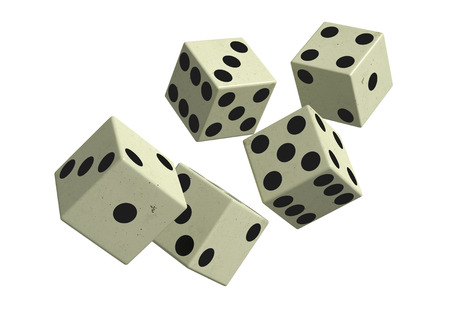 3d rendering of close-up of 3d dice falling down on a white background