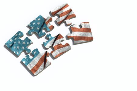 3d rendering of close-up of puzzle set with american flag print on white background. Isolatedの写真素材