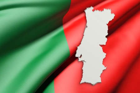 3d rendering of Portugal map and flag on background.