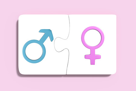 3d rendering of two pieces of puzzle with women and men sex symbols on pink background.の写真素材
