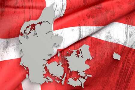 3d rendering of Denmark map and flag on background.