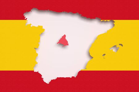3d rendering contour of Spanish map with Madrid city.Spanish flag on backgroundの写真素材