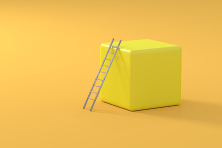 3D rendering of wooden ladder leading on yellow cubeの写真素材