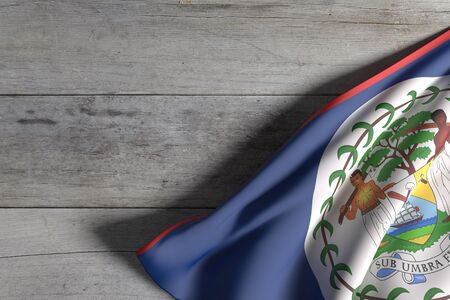 3d rendering of Belize flag waving over a wooden surfaceの写真素材