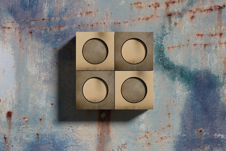 3d rendering of golden box with four carved circles hanging on grunge rusty wall and casting shadow