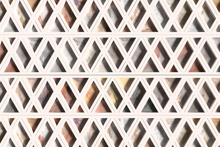 3d renderingl wall with triangles of different materials in white frames. Close-upの写真素材