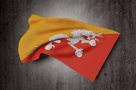 3d rendering of Kingdom of Bhutan flag waving on dirty backgroundの写真素材