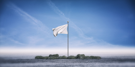3d rendering of a white banner standing on ground against blue sky and horizon.の写真素材