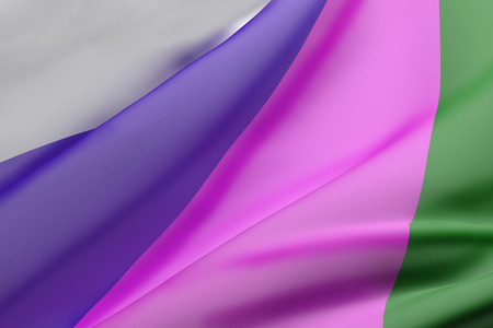 3d rendering of close up shot of a silken sheet colored in green, fuchsia, purple and white colorsの写真素材