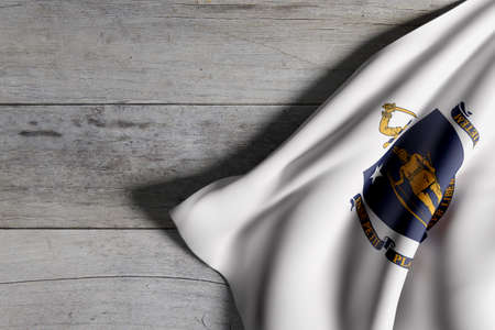 3d rendering of a Massachusetts State flag on a wooden surfaceの写真素材