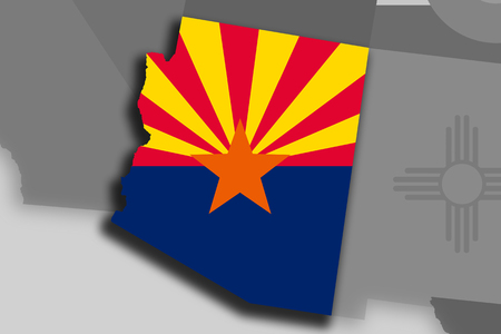 Illustration of the State of Arizona silhouette map and flag. Its a JPG image.の写真素材