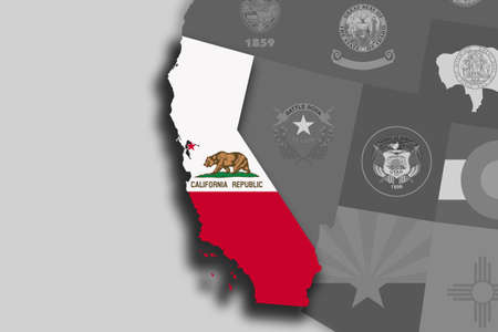 Illustration of the State of California silhouette map and flag. Its a JPG image.の写真素材