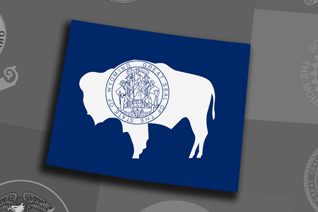 Illustration of the State of Wyoming silhouette map and flag. Its a JPG image.の写真素材