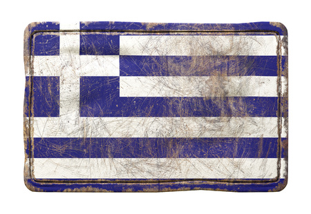 3d rendering of a Greece flag over a rusty metallic plate. Isolated on white background.の写真素材