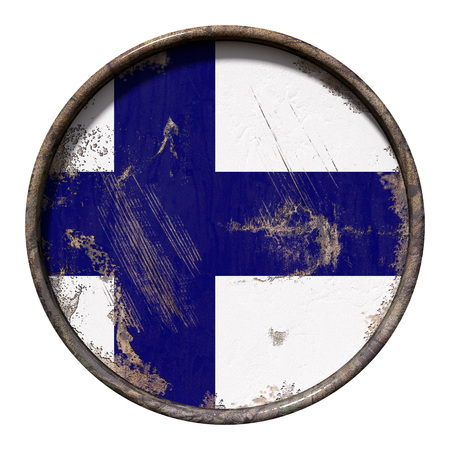 3d rendering of a Finland flag over a rusty metallic plate. Isolated on white background.の写真素材