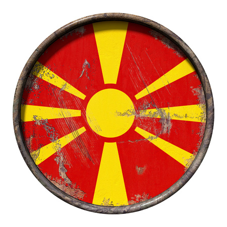 3d rendering of a Macedonia flag over a rusty metallic plate. Isolated on white background.の写真素材